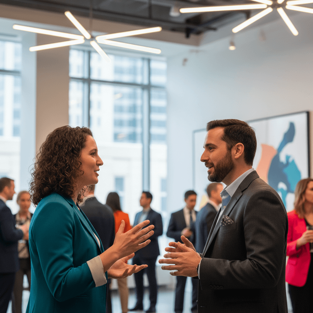 Professionals networking and conversing at corporate event