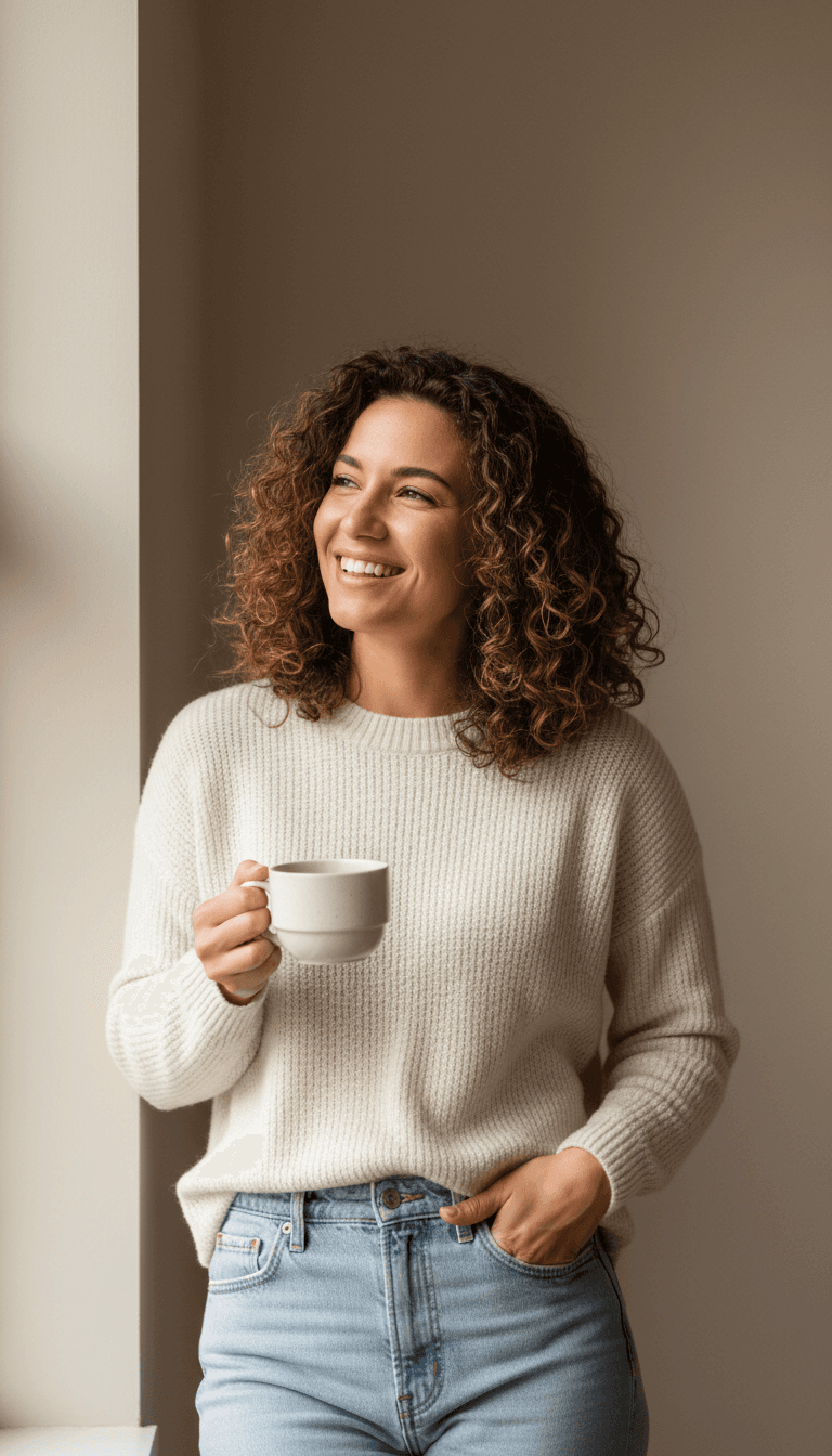 A fresh, energetic lifestyle aesthetic vertical shot of a client during a portrait session