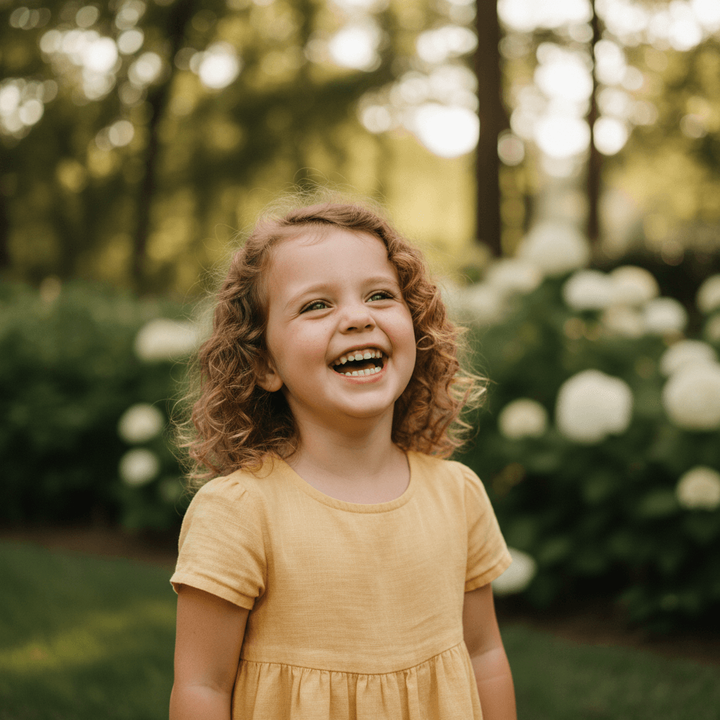 Child laughing outdoors with natural soft lighting