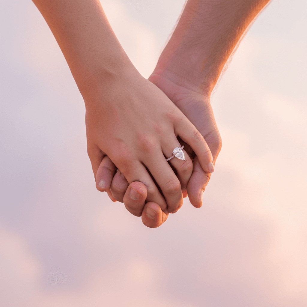 Engaged couple's hands with ring detail during golden hour