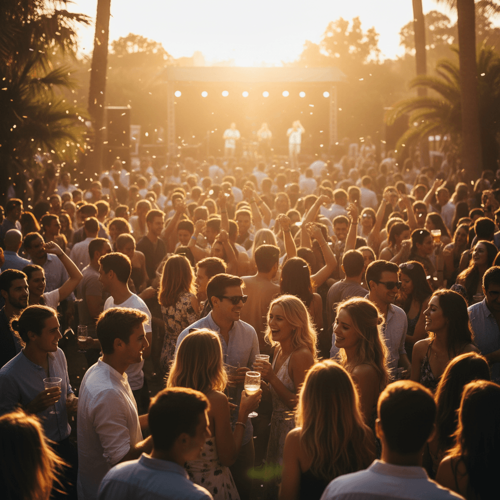 Guests celebrating and mingling at outdoor event