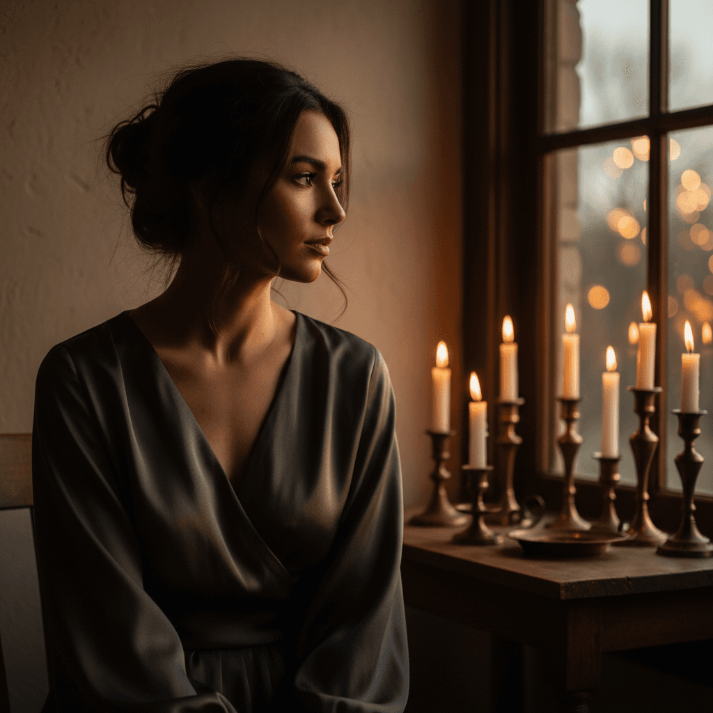 Intimate portrait of woman with warm window lighting