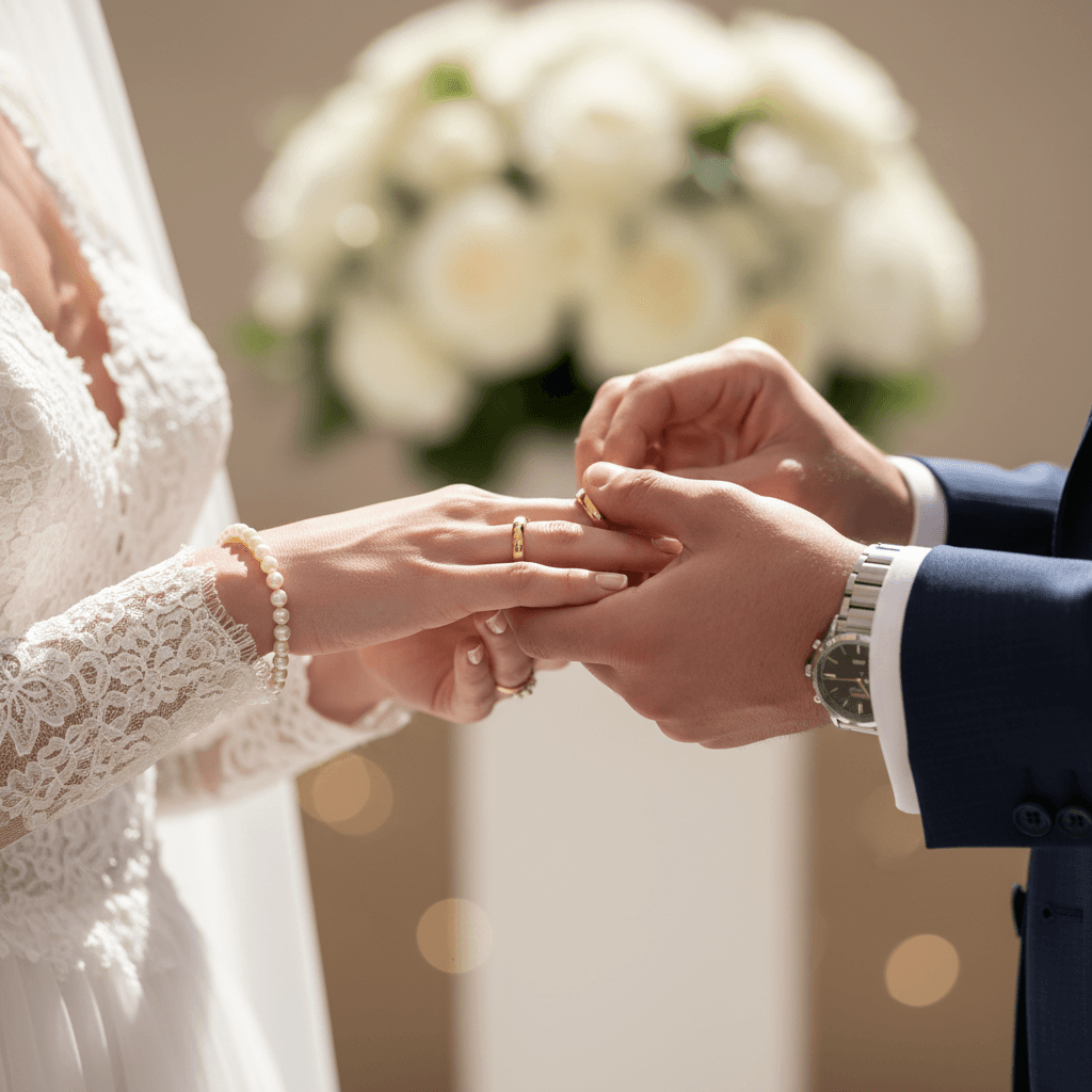 Wedding couple exchanging rings in intimate close-up