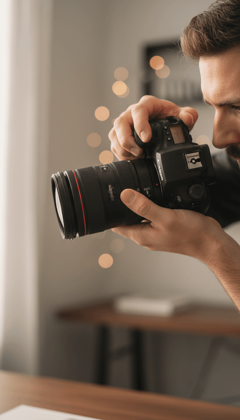 Photographer's hands adjusting professional camera settings with natural lighting